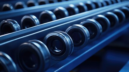 Poster - A detailed shot of a conveyor belt in a factory, featuring smooth metal rollers and a sleek design, with plenty of room for copy.