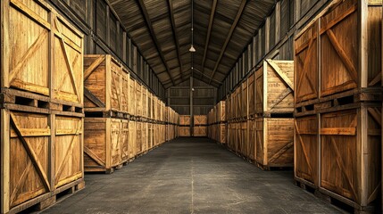 Poster - A detailed view of a storage warehouse with rows of crates and goods, offering ample space for branding or text above.