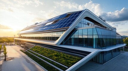 Poster - A high-tech building with a dynamic roof design, featuring solar panels and innovative materials, framed by a bright sky and ample space for copy.