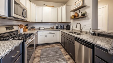 Poster - A spotless kitchen with stainless steel appliances, neatly organized utensils, and space above for branding.