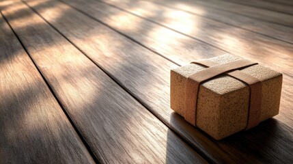 Poster - A stretching strap looped neatly over a yoga block, placed on a wooden floor for a calming, therapeutic effect.