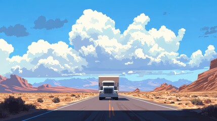 Poster - A transport truck carrying goods down a wide highway, with plenty of open sky above for branding or copy space.