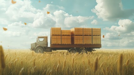 Poster - A transport truck with large crates of goods, surrounded by wide-open fields, offering space for branding above.