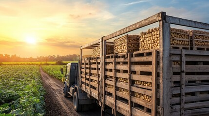 Poster - A transport truck with large crates of goods, surrounded by wide-open fields, offering space for branding above.