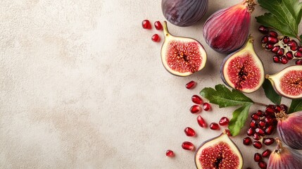 Poster - A vibrant selection of fresh figs and pomegranates on a neutral background with space above for branding.