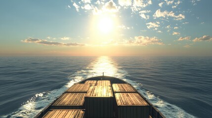 Poster - A view of a cargo ship in the open sea, transporting containers, with a wide-open sky for copy or branding.