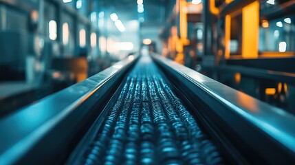 Poster - A wide-angle perspective of an empty bucket conveyor system, with clear space above for promotional text.