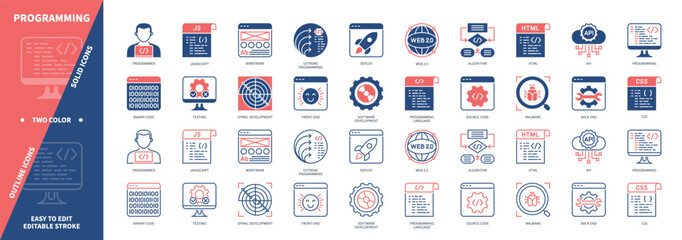 programming icon set. web, algorithm, binary code, spiral development, malware, cloud computing, pro