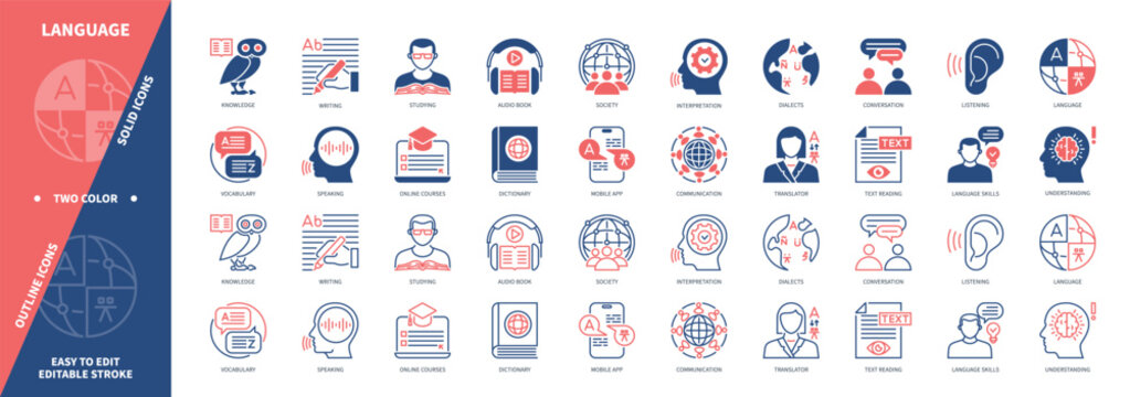 Language icon set. Dictionary, Communication, Knowledge, Vocabulary, Translator, Text Reading, Writing, Online Courses. Duotone color solid and editable outline icons