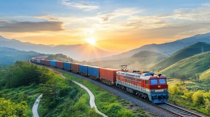 Poster - A wide-angle shot of a cargo train transporting goods through an open landscape, with plenty of space for branding above.
