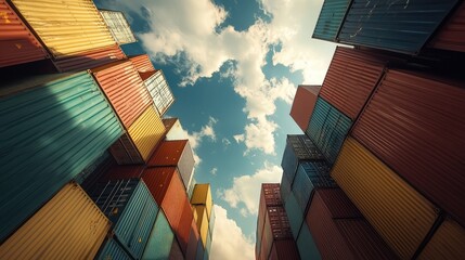 Poster - A wide-angle shot of containers being transported on a large ship, leaving clean space for text or logo in the sky above.