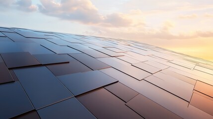 Poster - A wide-angle view of a high-tech roof with solar panels and modern materials, offering an innovative design with plenty of space for text.