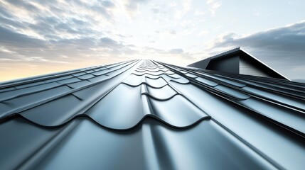 Aufkleber - A wide-angle view of a metal sheet roof, with shiny, smooth panels and a seamless surface, set against a clear sky with space for branding.
