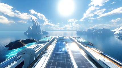 Poster - A wide shot of a solar roof, showing an even distribution of solar panels, with sunlight reflecting off their surfaces under an open blue sky.