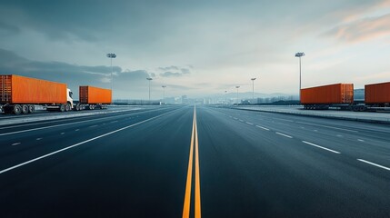 Poster - A wide shot of a transportation system with empty cargo containers on a smooth road, leaving ample space for text or branding in the sky.