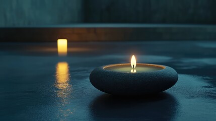 Poster - A Zen-inspired yoga space with a smooth stone, a lit candle, and a small bowl of water, symbolizing balance and tranquility.