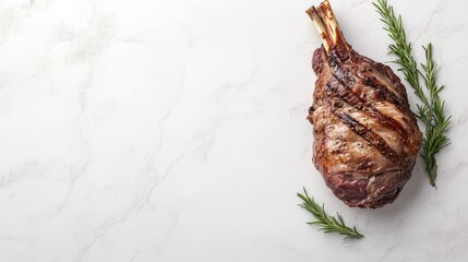 Poster - Freshly cut lamb leg on a white surface, leaving ample space for promotional text or logos.