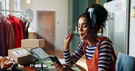 Poster - Delivery, phone or woman on laptop for small business, website orders or planning logistics. Entrepreneur, fashion designer or mobile app for ecommerce review, startup management or export schedule