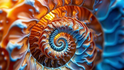 Poster - Beautiful and Intricate Close-up of a Colorful Nautilus Shell with Spiraling Patterns and Soft Light Effects Captivating Nature Inspiration