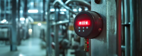 Fototapete - a close-up view of a digital meter displaying red numbers in an industrial setting