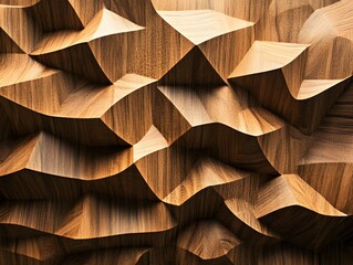 Poster - A close-up view of intricate wooden paneling showcasing an elegant wave-like design. This artistic application of wood creates a warm atmosphere, perfect for modern interiors.
