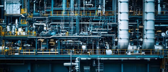 Poster - A detailed view of an industrial facility showcasing complex machinery, pipes, and structures, highlighting the intricate design of modern engineering and manufacturing.