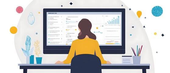 Poster - A professional woman working at her desk, focusing on data analysis and performance metrics displayed on her computer screen. A motivating environment with plants and stationery.