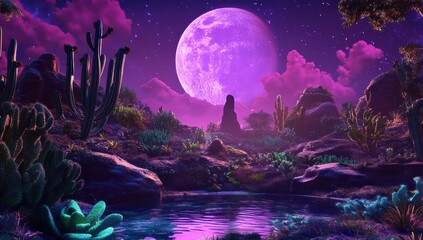 Wall Mural - night landscape with moon and stars