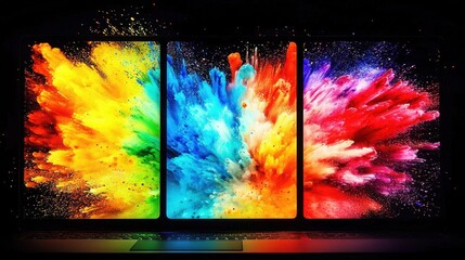 Fototapete - Three high-resolution laptop screens radiate bright colors against a dark background, creating a futuristic atmosphere.