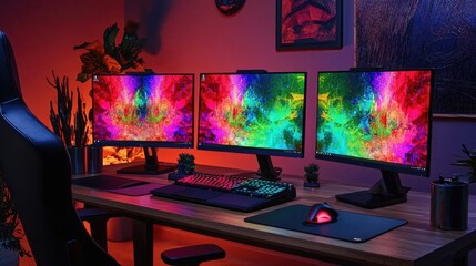 Fototapete - Three high-resolution laptop screens radiate bright colors against a dark background, creating a futuristic atmosphere.
