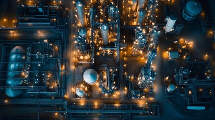 Poster - an aerial view of a bustling industrial complex illuminated at night. the intricate network of pipes