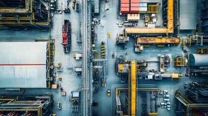 Poster - an aerial view of an industrial facility, showcasing machinery, storage containers, and heavy equipm