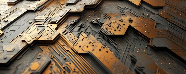 Poster - Close-up view of intricate and detailed circuit board patterns showcasing advanced technology with vibrant metallic colors, ideal for tech-related projects or illustrations.