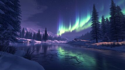 Ethereal Arctic Landscape with Snow-Covered Trees and Aurora