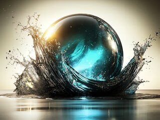 Poster - Abstract Sphere Immersed in Splashing Water Teal and Black Liquid Art