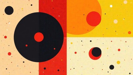 Poster - Colorful circles and shapes overlap in a dynamic layout creating visual harmony. The bold palette of red orange and black captivates the viewer's eye and ignites imagination.