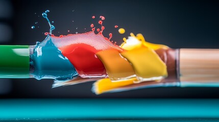 Poster - green and yellow paintbrush with red, blue, and yellow paint splatters on it. the splatters are in a