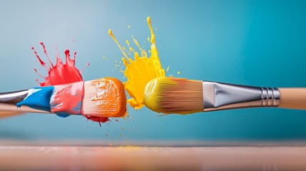 Poster - Two paintbrushes with different colors of paint on them. The brush on the left has red, blue, and yellow paint, while the brush on the right has yellow and green paint