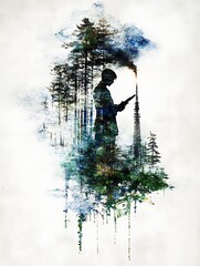 Poster - Silhouette in Dark Forest with Light Source Digital Painting