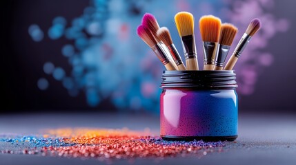 Poster - Jar of paint brushes with a colorful background. The jar is filled with a variety of brushes, including some with long handles and others with short handles