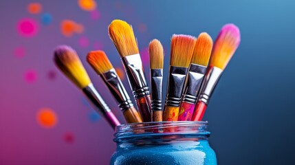 Poster - Jar filled with a variety of paintbrushes in different colors. The jar is placed on a blue background