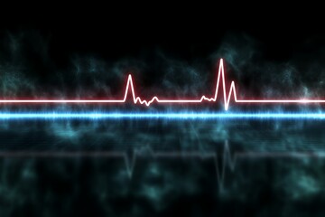 Poster - Abstract Heartbeat Pulse Line Neon Light Glowing in Dark Smoky Background