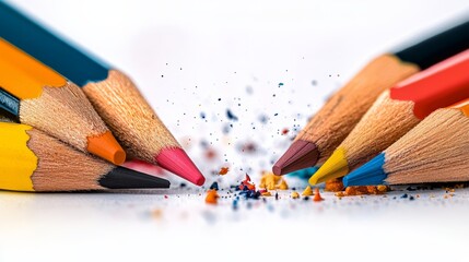 Poster - Close up of a bunch of pencils with the tip of each one broken off. The pencils are of different colors and sizes, and they are scattered on a white surface. Concept of chaos and disorder