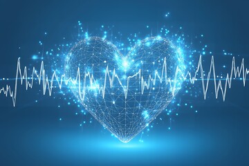 Poster - Abstract glowing heart with EKG heartbeat digital wave Health technology concept illustration