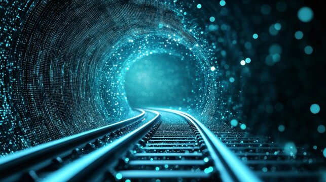 Abstract image of train tracks disappearing into a glowing blue particle tunnel. Dark background, bright light at the end of the tunnel.