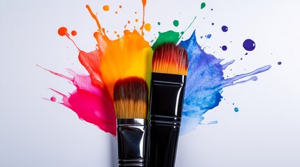 Poster - Two paintbrushes are on a colorful background. The brush on the left is yellow and the brush on the right is blue