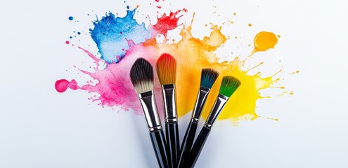 Poster - Group of paint brushes are displayed in a splash of colors. The brushes are arranged in a way that they look like they are painting a picture. The colors of the brushes are red, yellow, blue