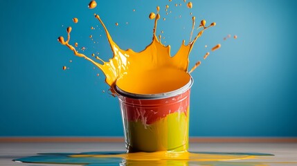 Poster - Splash of paint is splattered on a blue background. The colors are bright and vibrant, creating a lively and energetic mood. The image captures the essence of creativity and the joy of painting