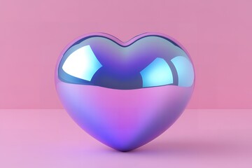 Poster - Iridescent Heart Shape Shiny Purple Blue Reflection Pink Background 3D Render