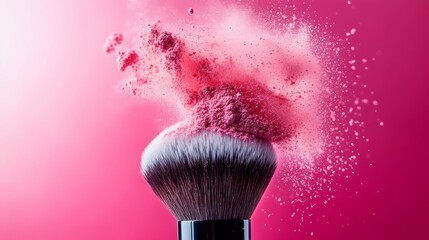 Poster - Makeup brush is covered in pink powder, creating a dramatic and eye-catching effect. Concept of creativity and playfulness, as the powder seems to be exploding out of the brush
